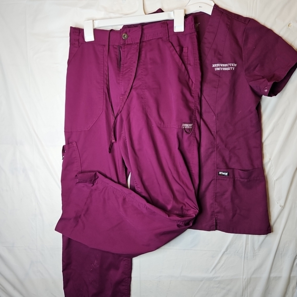 🎁 Workwear Scrubs Unisex Cherokee Pant Anatomy TopSet  Medical Nurse Burgundy